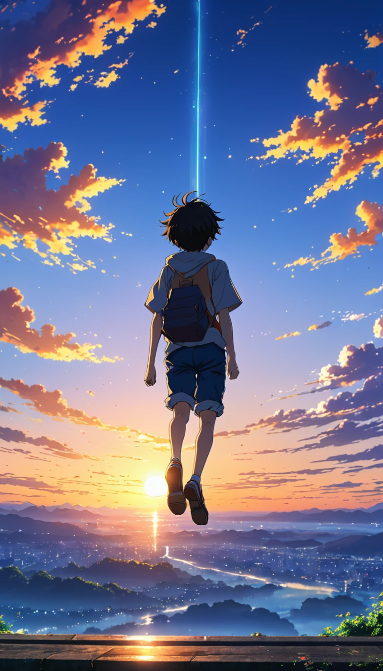For anime scenery images、It depicts a boy jumping into the void., At sunset, View from afar, Beautiful and colorful anime scene, View from afar, Beautiful anime peace scenes, Makoto Shinkai Cyril Rolland, Beautiful scene from anime, Awesome Wallpapers, Anime Art Wallpapers 8K, Anime Background, Anime Art Background, anime wallpaper 4k, Anime Art 4K Wallpaper, Anime Art 4K Wallpaper,