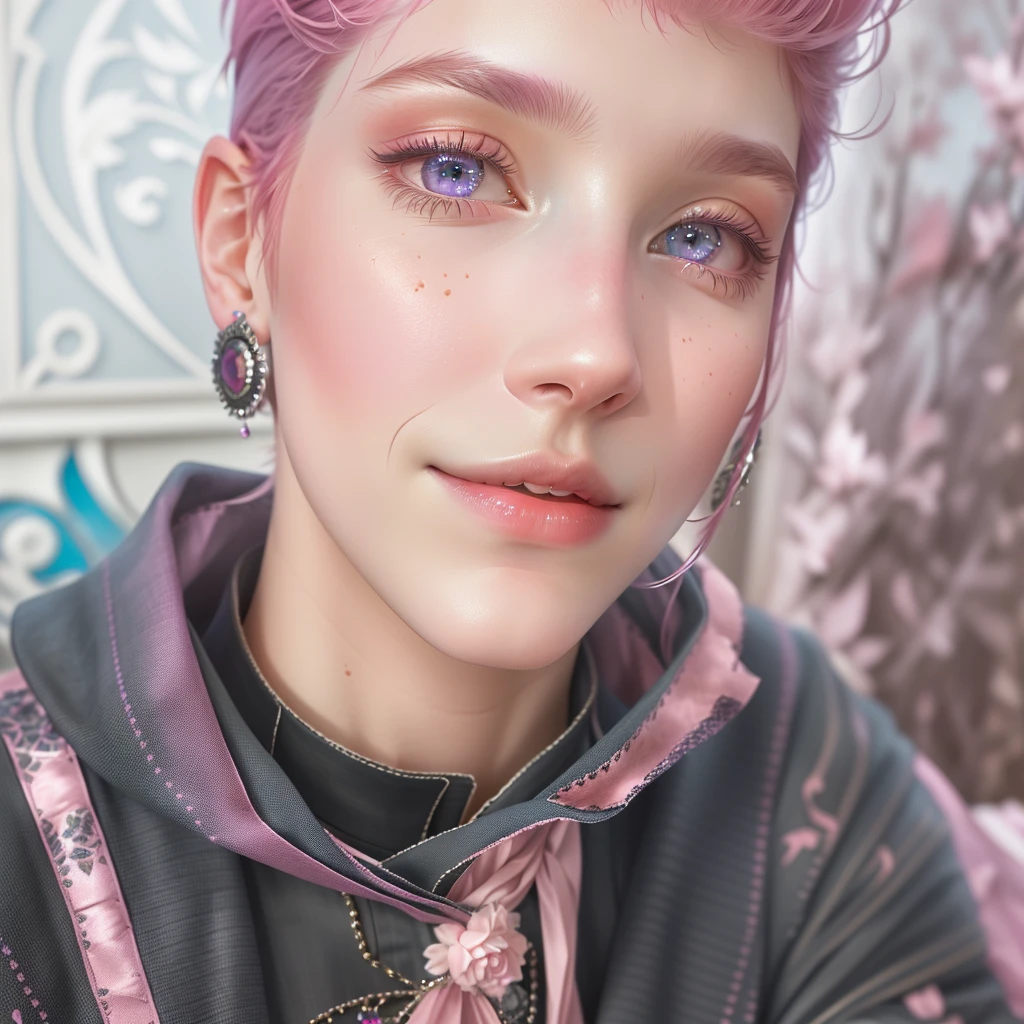 butler outfit, short pink hair, hypdertailed, blue colored eyes, ashen skin, demon, claws, bangss, gothic art, full body shot shot, elegant pose, ssmile, Romanticism, work of art, anatomically correcte, high qualiy, super detaill, best qualityer, 4K, 8k, Perfect Woman, the most beautiful woman, her face has to be symmetrical and beautiful, baby pink hair