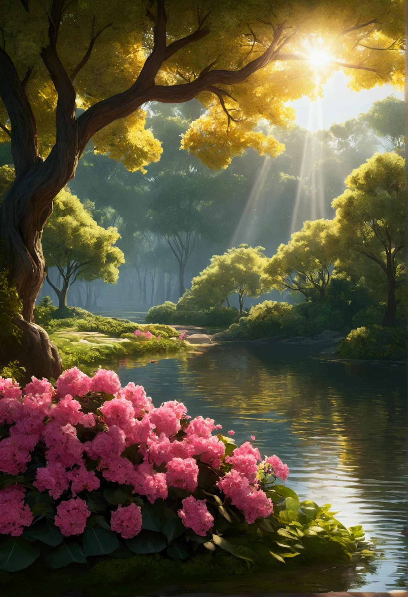 A towering, Lush trees decorated with vibrant pink and yellow flowers，Add sparkle to tranquil landscapes. breeze blows，The leaves tremble slightly, Creates a ripple effect on a nearby tranquil lake. Sunlight filtering through the green canopy, Injecting otherworldly charm into the landscape. (masterpiece: 1.8, best quality) (Extremely detailed CG unified 8K wallpaper, landscape art, ethereal, filigree, intricate details) (A dramatic play of sunlight and shadow) (Popular topics on ArtStation, CG society) (beautiful floral aesthetics,