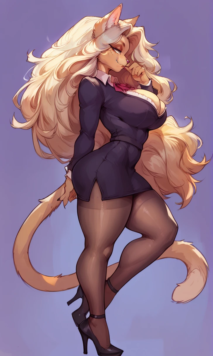 (solo) female anthro cat, long fluffy hair, cat, big breasts, attractive, secretary dress,tights fit body, cat tail,, thicc, freckles, freckles on face, smug eyes, (mad expression), she is standing look to the right, violet background, simple background, thick thighs (side view) high heels
