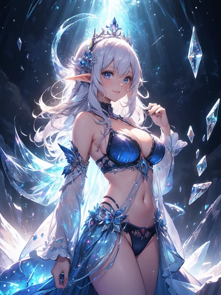 最high quality、1 woman elf facing forward、Succubus、(( cowboy shot ))((underwear))'((low angle1.5 ))、beautiful瞳、tears、universe、Huge galaxy、beautiful装飾、brassiere、panty、Ice tiara、Swirling Ice、Crystal of snow、Ice Palace、最high quality , fractal art.、Glowing ice、　bikini、beautiful胸、Large Breasts　((Laugh beautifully、))((Glowing ice　))SMqueen、beautiful顔、Orgasm、Ecstasy、全身beautiful装飾の下着、World of Illusions、Ice crystals、Crystal of snow、Bigger on the front、 beautiful輝き,High-definition depiction, Realistic, 8k, Unity, beautiful太もも,,Giant Devil's Wings、虹colorに輝く翼、detailed groin、 low angle、light smile, Beautifully and vividly drawn, , beautiful beautiful透き通る肌、輝くbeautiful装飾の魔法、Open your arms in prayer、、beautiful装飾、 , beautiful、 Romanticism,mosquito。 混沌の最もbeautiful形, Mr..々color, Intertwined flowers, P article,Magical gentle light,smile,,image quality、masterpiece、beautiful顔、Super beautiful elf woman((Big breasted 22 year old office lady、Bust 120,Beautiful long ironed hair、Silver Hair、height: 165cm。、Esbian、、high quality、、Visual Arts、最high quality、1 womanエルフ NP: Worst quality ,beautiful fractal art　、frozen、、light、Beautiful radiance,High-definition depiction, Realistic, 8k, Unity, , light smile, Beautifully and vividly drawn, , Beautiful, beautiful, clear skin、 Countless rays of light pouring down, Swirling Light, big background, , Intense light is emitted from the magic circle in front of the girl. Romanticism,Cowboy Shot:  最high quality　Artwork、uhd