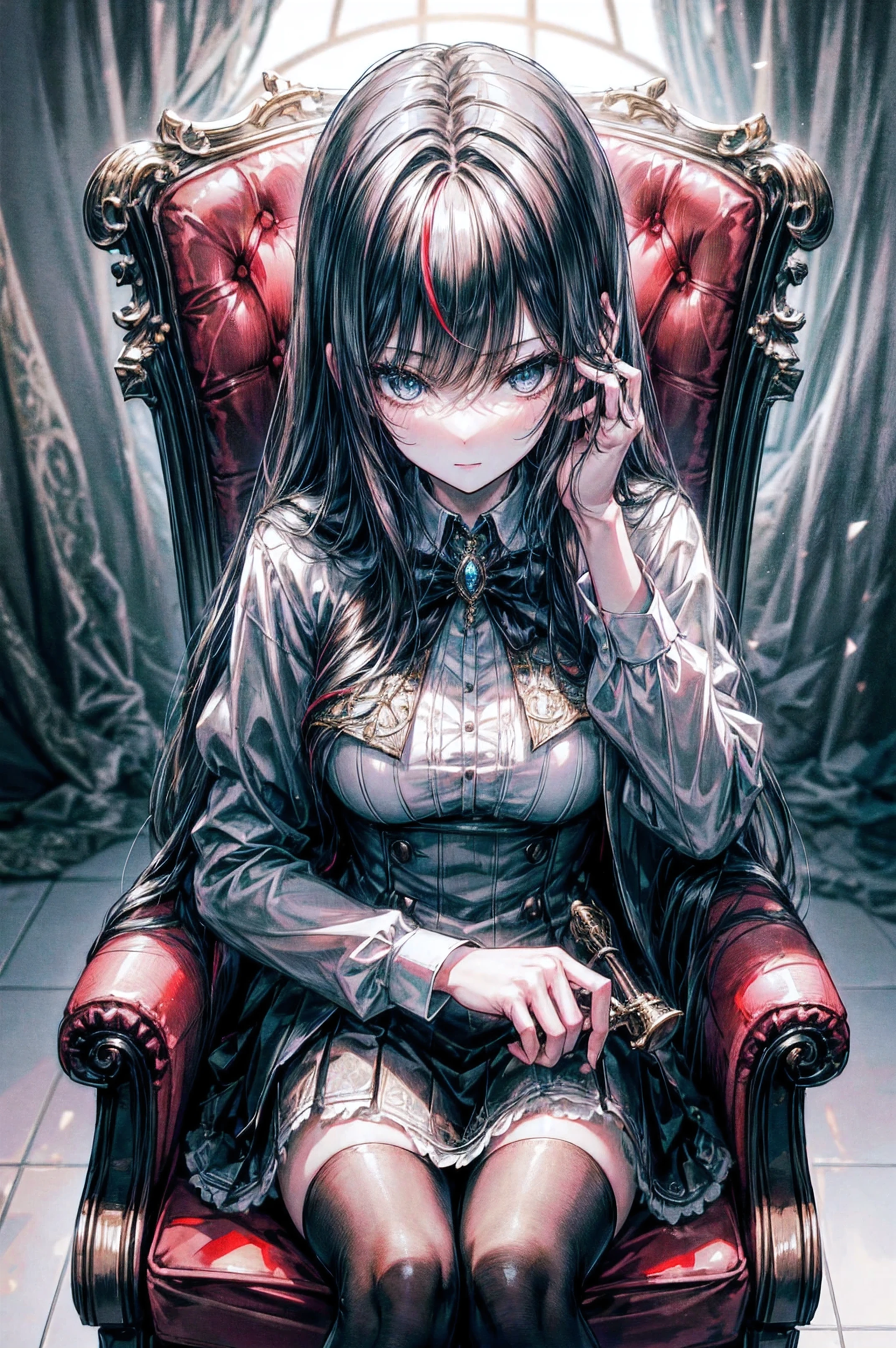 Character Description: A young woman with dark hair and a white streak, wearing a formal outfit that includes a short skirt. She has a sly smile and is holding a chess piece in one hand.
Pose: She is sitting in a luxurious, ornate chair, with one leg crossed over the other.
Background Setting: The background features a luxurious, dark, and sophisticated atmosphere.
Lighting: Dramatic lighting with high contrast to emphasize her features and create an engaging atmosphere.
Textures: Emphasize the textures in the clothing, the chair's fabric, and the chess piece to enhance realism.
Depth of Field: Shallow depth of field to focus on the character and slightly blur the background, enhancing the luxurious feel.
Color Grading: Warm, rich color grading to enhance the luxurious and sophisticated ambiance.
Sharpness and Clarity: High sharpness and clarity for crisp, clear details, especially on the character's face, hair, and clothing.
Detailing: Fine details such as subtle patterns on the clothing, intricate designs on the chair, and reflections on the chess piece.
Resolution: High resolution, aiming for an 8K quality image to ensure maximum detail and clarity.