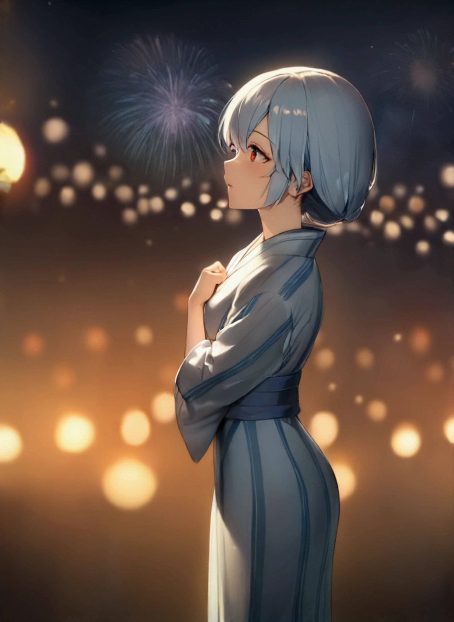 masterpiece, Highest quality, Rei Ayanami, One Girl,Beautiful Eyes,Light blue hair,yukata,whole body,Fireworks display