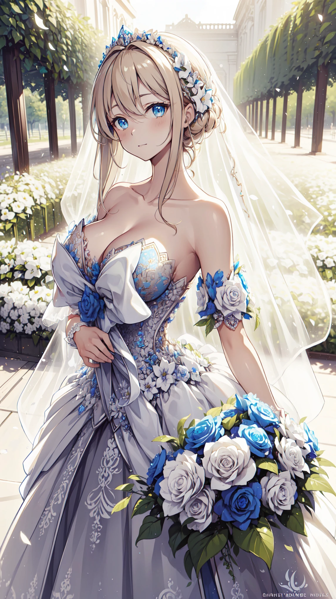 (masterpiece, best quality, beautiful and aesthetic:1.3), Looking at the audience, 1 Girl, Solitary, A faint smile, (cosmetic, Long hair, Light Beige Hair, blue eyes:1.2), Octane Rendering, Wedding Veil, Lace-trimmed dress, transparent, Wedding dress, outdoor, White Rose, garden, morning, permanent, Extremely detailed,