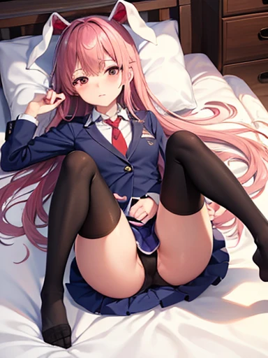 Highest quality、masterpiece、NSFW 、Expressionless、Sleeping girl、touhou project 、reisen udongein inaba、Navy blue blazer、Red tie、Peach-colored skirt、Black knee-high socks、Tatami room、whole body、Lying、Sleeping on your back、Spread your legs wide、M-shaped legs、No shoes、View from your feet、I&#39;m not wearing pants