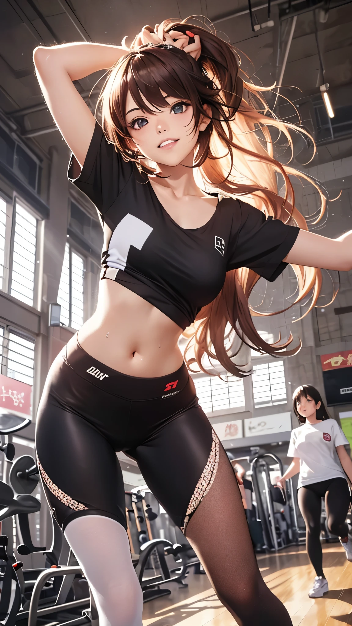 (highest quality,4K,8K,High resolution,table top:1.2), Super detailed, (realistic,photorealistic,photo-realistic:1.37), ,beautiful girl,((full body)),((sweat)),((left arms up)),((jump)),,(grin and laugh),((caramel hair color)),((medium long hair)),((ponytail hairstyle)), ((messy hair)),((T-shirt and black leggings)), ((off-shoulder design T-shirt)),((long length T-shirt)),((dancing in the gym)),((loose Socks over leggings)),((loose socks over leggings)),((sneakers)),espadrilles,beautiful and detailed eyes, beautiful detailed lips, highly detailed eyes and face, long eyelashes, realistic anime 3D style, Smooth anime CG art, Digital rendering by Makoto Shinkai, Moe anime art style, photorealistic rendering of an anime girl, Shinkai Makoto style, Cute anime girl visuals, realistic young anime girl, girl fan art, Created by Anime Artist&#39;studio of.