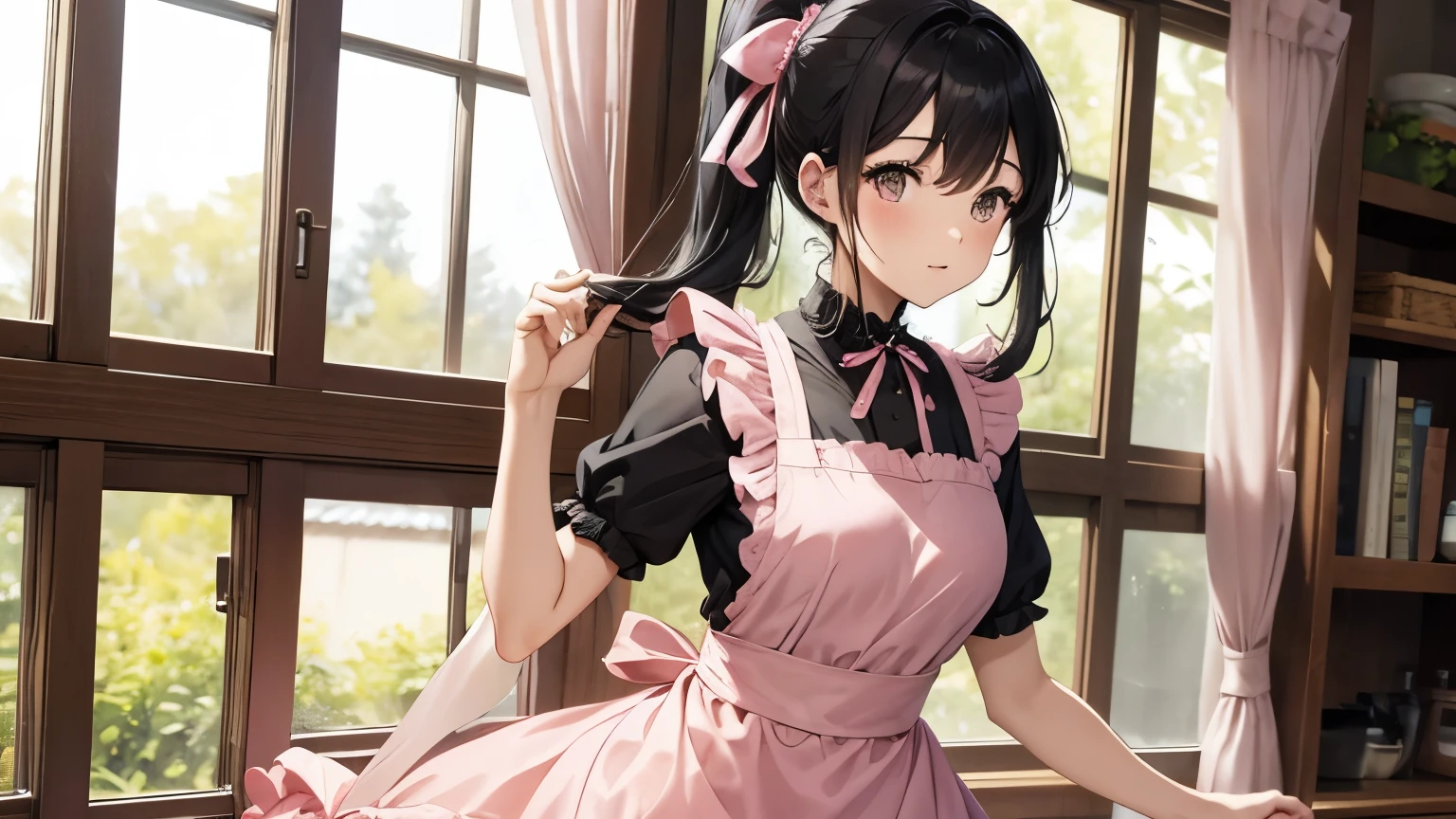A beautiful woman wearing a pink apron dress with lots of frills and lace　Black hair ponytail with ribbon　Upper Body