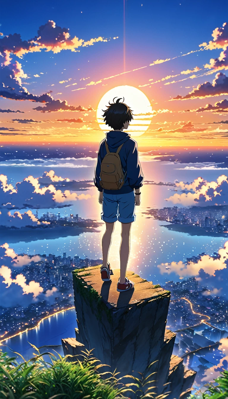 For anime scenery images、It depicts a boy jumping into the void., At sunset, View from afar, Beautiful and colorful anime scene, View from afar, Beautiful anime peace scenes, Makoto Shinkai Cyril Rolland, Beautiful scene from anime, Awesome Wallpapers, Anime Art Wallpapers 8K, Anime Background, Anime Art Background, anime wallpaper 4k, Anime Art 4K Wallpaper, Anime Art 4K Wallpaper,
