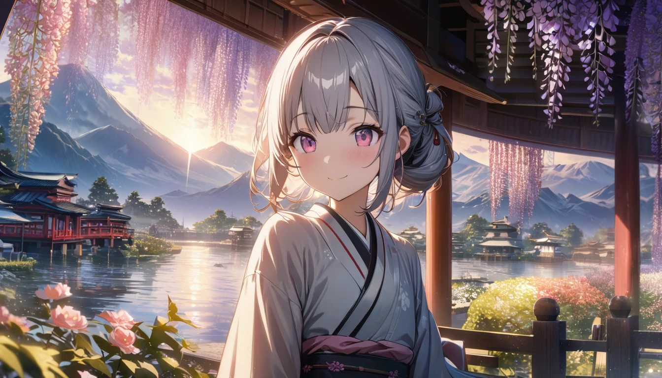 one girl, silver short hair and bob hair、I tied my hair in a bun with a hair clip..、beautiful pink eyes、smile、gentle smile on her face、flat chest, one Beautiful girl,((masterpiece, illustration, best quality) ((ultra-detailed)) mdjrny-pprct, japanese architecture, Sakura, wisteria, flower garden, mountains and rivers, Clouds (high detial: 1.2)、evening glow, 濃い青とBeautiful Blueのグラデーション, High resolution, 8K HD detail, hyper-detail, cinematic, surrealism, soft light, deep field focus bokeh, ray tracing and surrealism. --v6