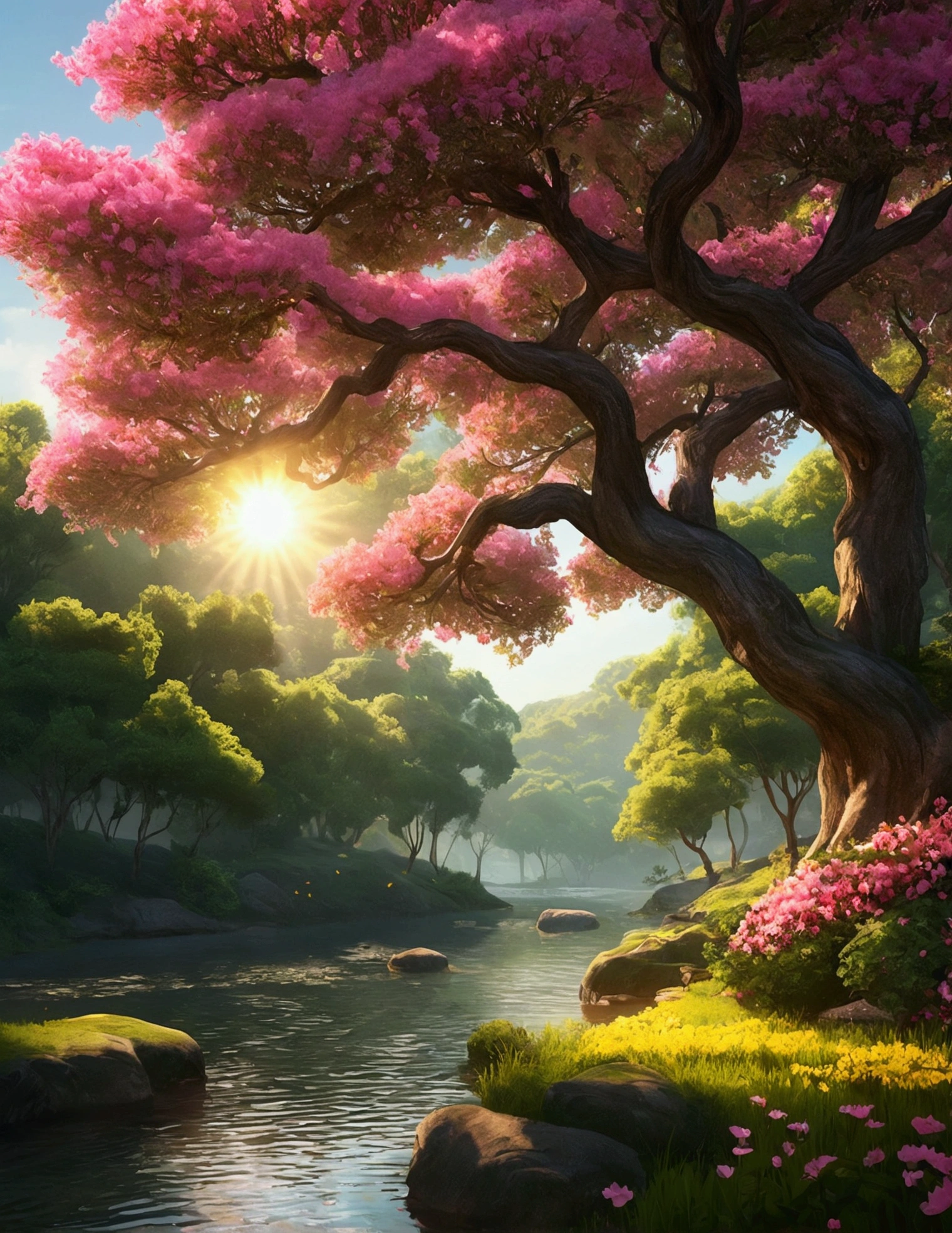 A towering, Lush trees decorated with vibrant pink and yellow flowers,Add sparkle to tranquil landscapes. breeze blows,The leaves tremble slightly, Creates a ripple effect on a nearby tranquil lake. Sunlight filtering through the green canopy, Injecting otherworldly charm into the landscape. (masterpiece: 1.8, best quality) (Extremely detailed CG unified 8K wallpaper, landscape art, ethereal, filigree, intricate details) (A dramatic play of sunlight and shadow) (Popular topics on ArtStation, CG society) (beautiful floral aesthetics,