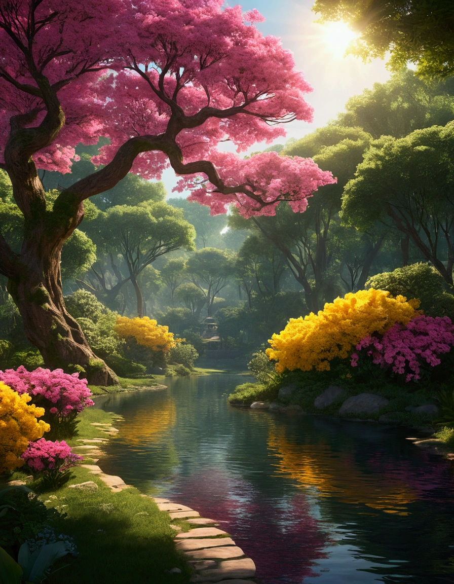 A towering, Lush trees decorated with vibrant pink and yellow flowers,Add sparkle to tranquil landscapes. breeze blows,The leaves tremble slightly, Creates a ripple effect on a nearby tranquil lake. Sunlight filtering through the green canopy, Injecting otherworldly charm into the landscape. (masterpiece: 1.8, best quality) (Extremely detailed CG unified 8K wallpaper, landscape art, ethereal, filigree, intricate details) (A dramatic play of sunlight and shadow) (Popular topics on ArtStation, CG society) (beautiful floral aesthetics,