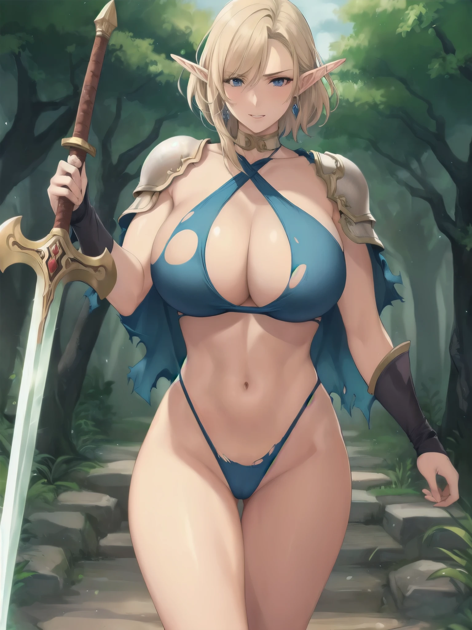 1 woman, elven knight, (((mature))), milf, mature female, (very large breasts), earrings, perfect face, (tomboy short hair), perfect body, oppai, massive cleavage, hanging breasts, curvy but thin, beautiful thighs, attractive waist, tall, moderate musculature, toned abdomen, beautiful navel, extreme shading, (outfit: tattered bikini armor), (((torn clothes))), tattered robes, flowing cloth, (almost no clothes), naked, exhibitionist, (pose: dynamic action posing), sword, shield, (background: mystical forest), fantasy game, medieval, elf, (quality: best quality), aesthetic, Oda Non, (rating: sensitive),