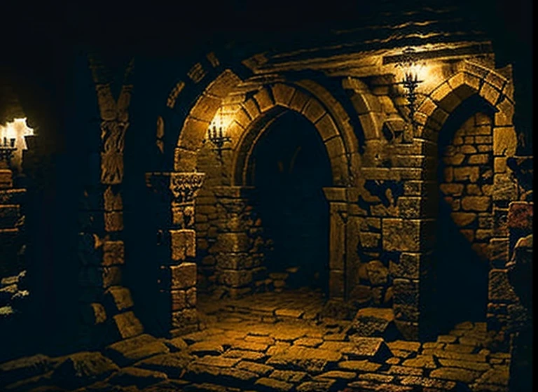 tyle of evilcore ::.5 style grimdark::.5 style dark fantasy::.5 inside dungeon monster´s lair, stone walls with wood door, torchs in te walls, HeroQuest, D&D, warhammer, rpg 