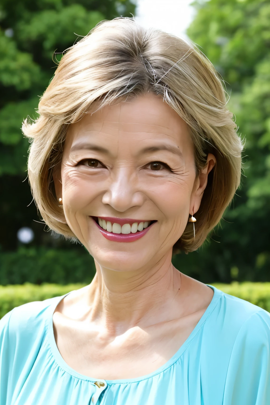 Standing in the park, Wrinkles around the eyes, Smiling with teeth showing, Plain short-sleeved clothing, senior citizen, Draw lips correctly, Red lipstick, No discomfort, 16K, Highest quality, Very detailed, Realistic, Very detailed肌, (Japanese), (alone), 60 years old, Large Breasts, , Glamour, sexy, Chromo White Skin, Staring straight ahead,
