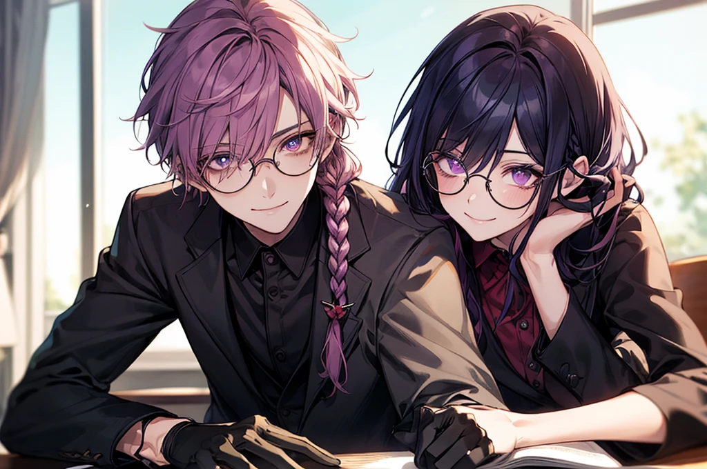 men's,single braid hair,violet colored hair,(Eye 1:2,Clear eyes,Elaborate Eyes,Delicate pupils,Good eyes,eye detailed),Face Focus,Adult,In black suit,best qualtiy,facial detailing,Classroom,sit on desk,sitting in the couch,lazy,Detailed background,diffuse sunlight,depth of fields,Studying Smiling at your desk, violet eyes,black gloves, round glasses, long sleeves,violet hair, smile,