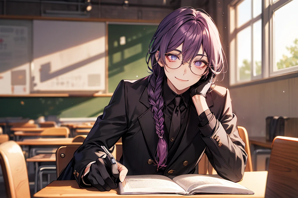 men's，single braid hair，violet colored hair，（Eye 1：2，Clear eyes，Elaborate Eyes，Delicate pupils，Good eyes，eye detailed），Face Focus，Adult，In black suit，best qualtiy，facial detailing，‎Classroom，sit on desk，sitting in the couch，lazy，Detailed background，diffuse sunlight，depth of fields，Studying　Smiling at your desk, violet eyes,black gloves, round glasses, long sleeves,violet hair, smile,