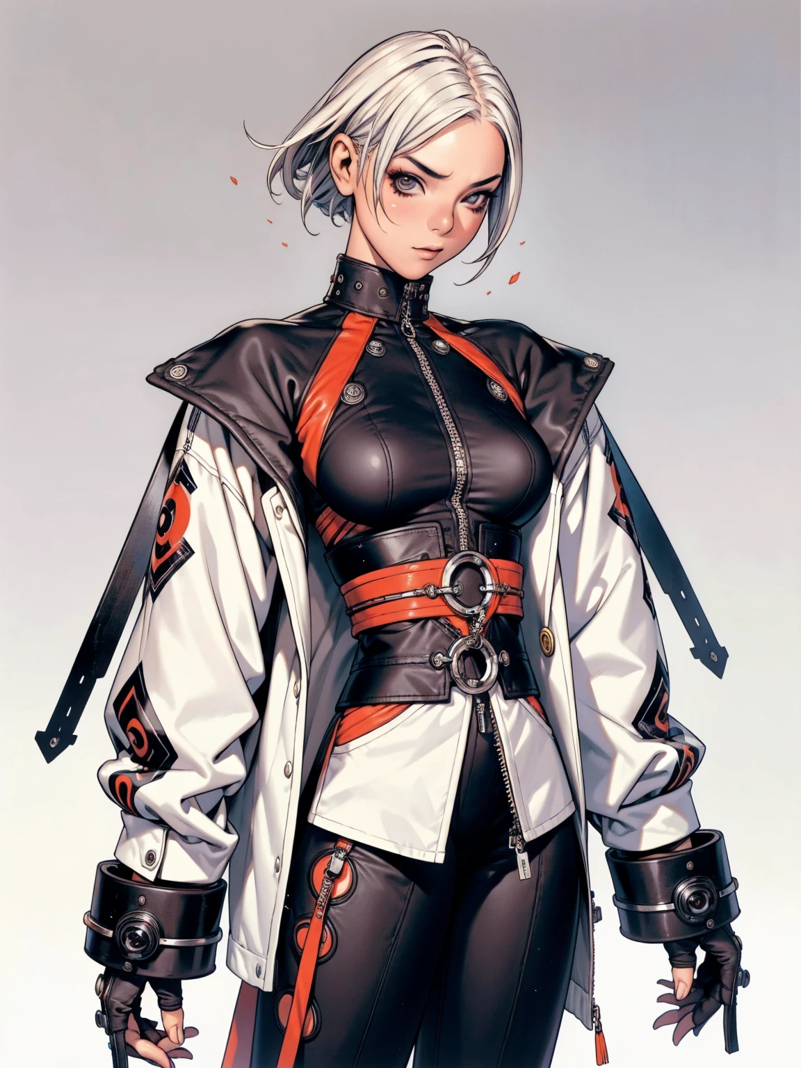 (((best qualityer))), (((manga strokes))), (((white punk hair))), jacket with rivets and screws, uma Kizi jovem muito bem vestida com roupas modernas de inverno, pants with red and black zig-zag pattern, top gift vertical stripes, short jacket with dark fur collar, beautiful and expressive face, slightly-smile, big eyes with long black eyelashes, heavy make-up, chains and zippers spread across clothes, contrasting colours, pose de atitude, hair with a modern and futuristic cut, urban game poster art, dramatic camera angles, graffiti art elements in the background, design mixing contemporary and retro by Shepard Fairey, (((cowboy shot))), (((best qualityer: 1.4))), (Unbeatable masterpiece), (hiper HD),(CG 8k hyper-realistic), Kizi, (((standing alone))), pirralha violent, (((14歳))), sexly, pose de atitude, work of art, post-apocalypse, (((manga style))), bounty hunter, violent, Manic, the way you want, slenderbody, thin but strong, perfectbody, roupa moderna, advanced technology, neon, sleeves with vertical striped pattern, neutral background, (( cowboy shot )). intricate visual
