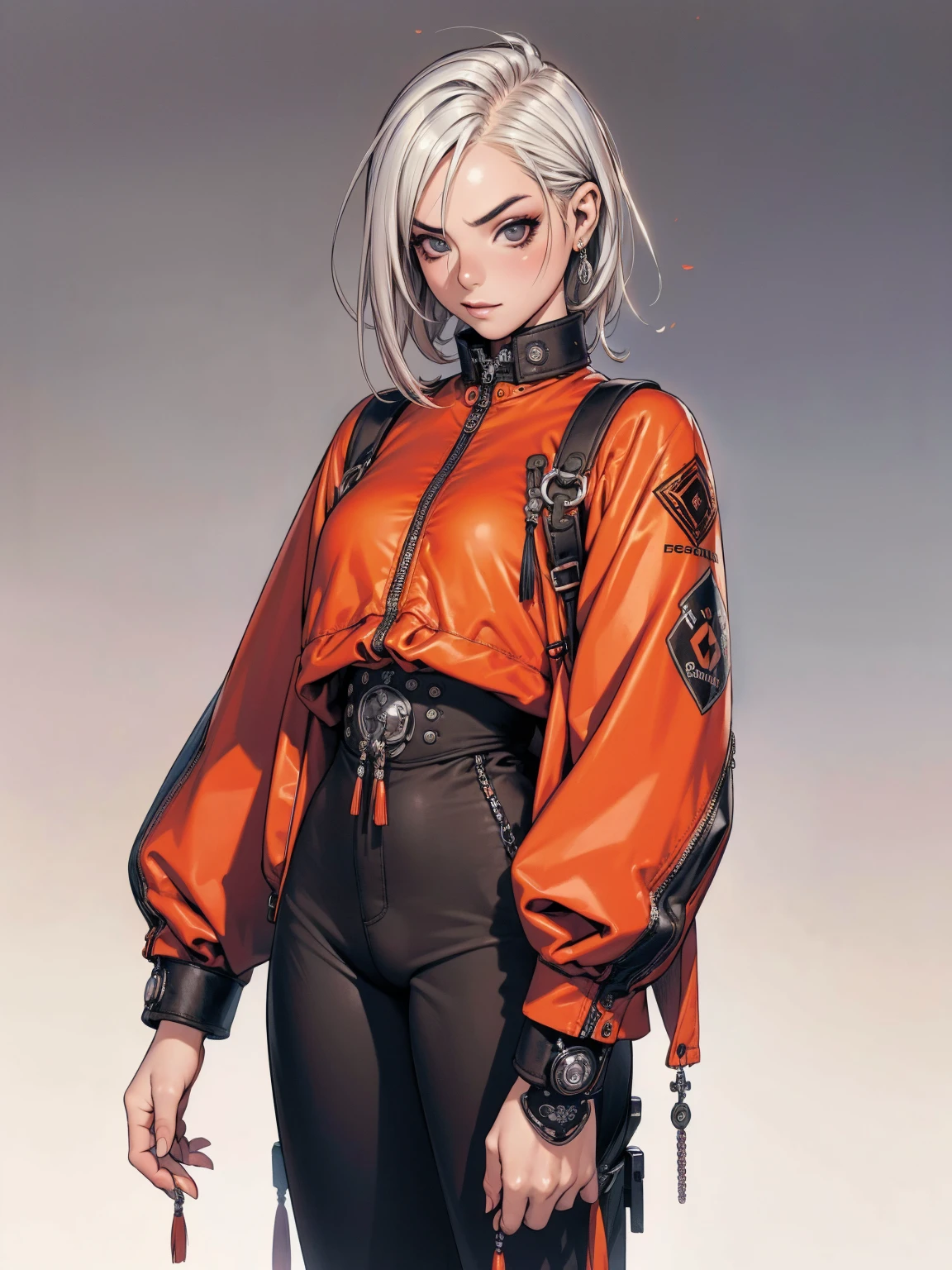 (((best qualityer))), (((manga strokes))), (((white punk hair))), jacket with rivets and screws, uma Kizi jovem muito bem vestida com roupas modernas de inverno, pants with red and black zig-zag pattern, top gift vertical stripes, short jacket with dark fur collar, beautiful and expressive face, slightly-smile, big eyes with long black eyelashes, heavy make-up, chains and zippers spread across clothes, contrasting colours, pose de atitude, hair with a modern and futuristic cut, urban game poster art, dramatic camera angles, graffiti art elements in the background, design mixing contemporary and retro by Shepard Fairey, (((cowboy shot))), (((best qualityer: 1.4))), (Unbeatable masterpiece), (hiper HD),(CG 8k hyper-realistic), Kizi, (((standing alone))), pirralha violent, (((14歳))), sexly, pose de atitude, work of art, post-apocalypse, (((manga style))), bounty hunter, violent, Manic, the way you want, slenderbody, thin but strong, perfectbody, roupa moderna, advanced technology, neon, sleeves with vertical striped pattern, neutral background, (( cowboy shot )). intricate visual