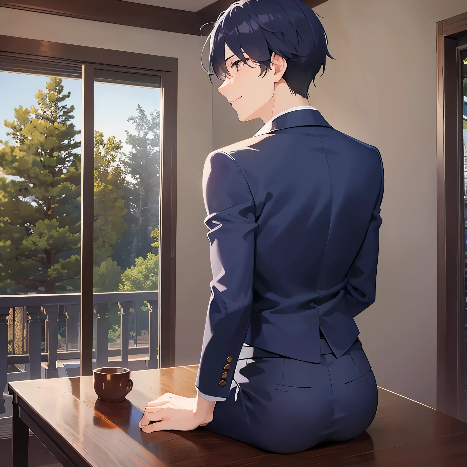 masterpiece、Highest quality、Back view、Shooting from behind、
(25-year-old male:1.5) and(Black short hair) and (blue eyes),
(suit:1.5) and (Blue tie)(suit:1.5) and (Blue tie)、
smile,The background is a tavern at night、Sitting、(alone:1.5)