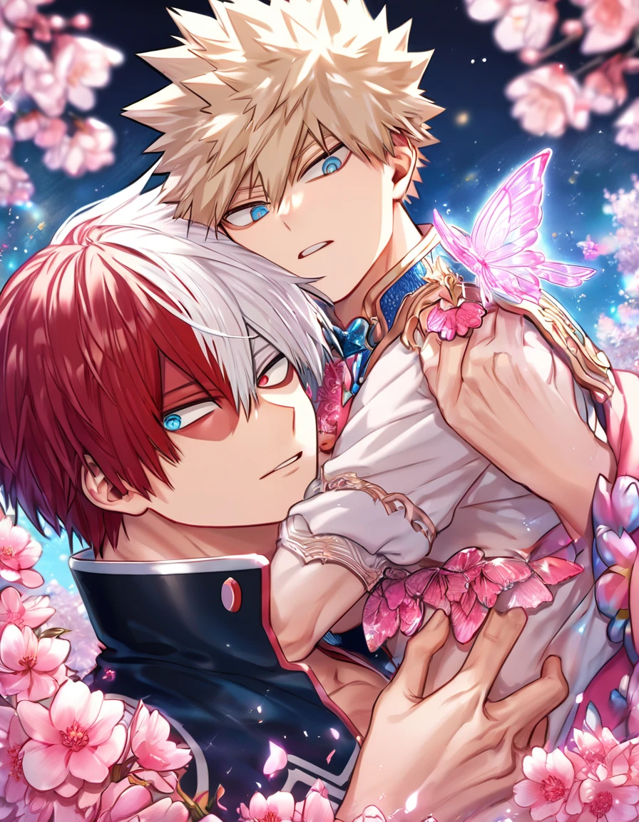 absurdres, highres, ultra detailed, HDR, master piece, best quality, extremely detailed, Todoroki Shouto, bicolored hair, right side of the hair white, left side of the hair red, expressive blue eyes, Boku No Hero Academia, Bakugo Katsuki, ash-blonde hair, expressive red eyes, two sexy men together, yaoi, gay couple, carrying a small boy, hero clothes, magical, sparkling, pink glittering fireflies, pink ice, pink ice butterflies, pink ice petals, pink ice cherry blossoms, pink crystal, pink flowers, pink moon