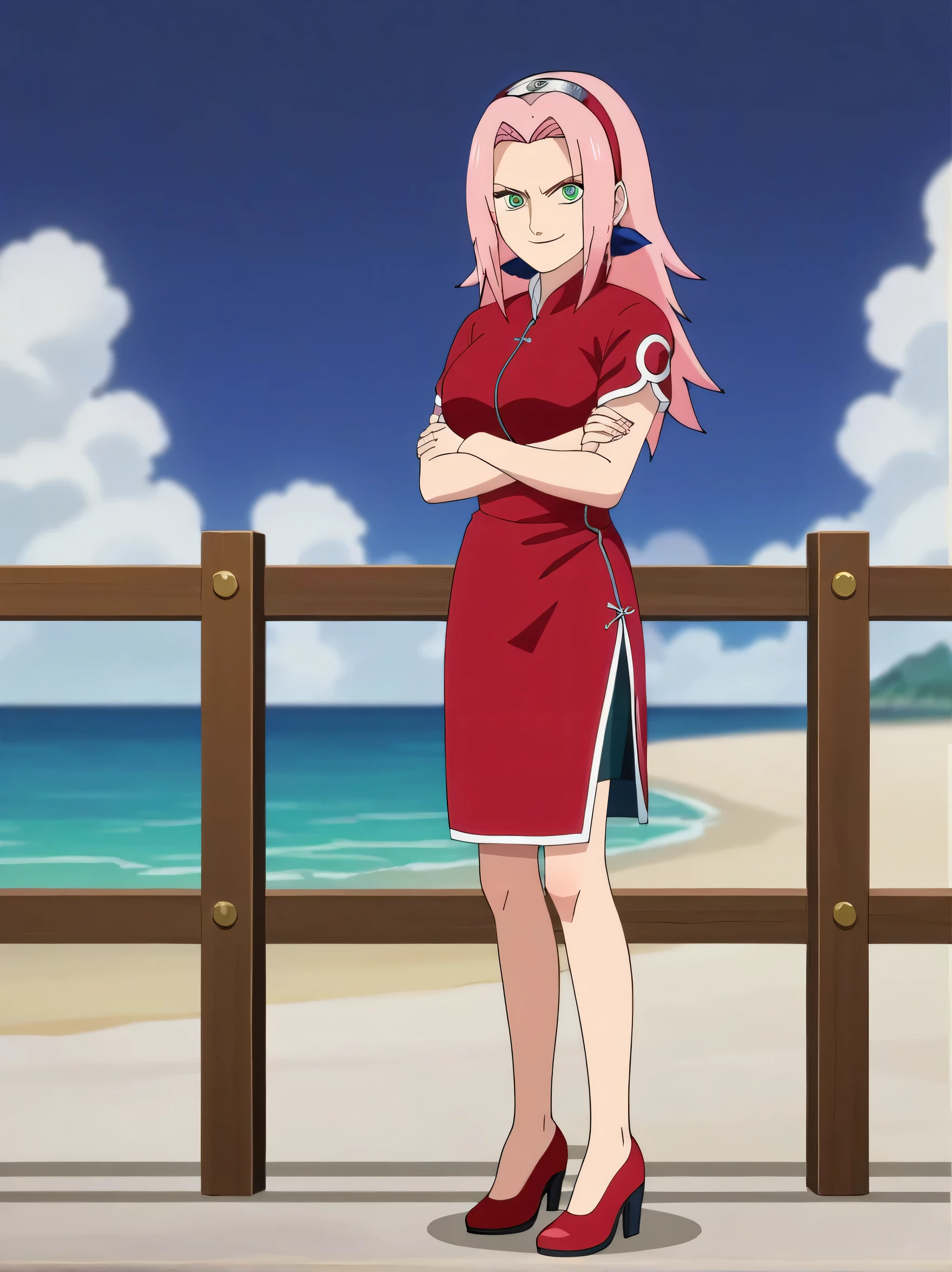 score_9, score_8_up, score_7_up, score_6_up, score_5_up, score_4_up, BREAK, source_anime, 1girl, haruno sakura, pink hair, long hair, green eyes, red shirt, red qipao, short sleeves, arms crossed over chest, smile, full body, looking at viewer, solo, anime screencap, anime coloring, simple anime screencap, anime coloring, ocean and beach background, evil facial expression, standing on wooden docks leading out to water, front view, arms crossed, subject on the left most possible side of photo, show full body, view from a distance, red heels, put temari right side of the photo almost out of frame as much as possible, have view from a distance, side view angle, night time, big breasts, wicked evil facial expression, evil smirk