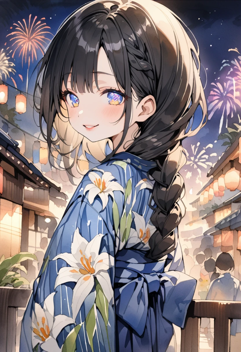(watercolor)((amazing quality, great quality, top quality, very aesthetic, aesthetic, best quality)),12Year old,black hair,frayed hair,single braid,neck on hair and ribbon,tareme,twinkle eyes eyes,looking back,smile,eyes half open,extremely detailed
lips,lily print,blue yukata,japanese bonodori,night,fireworks,japanese Summer festival street,