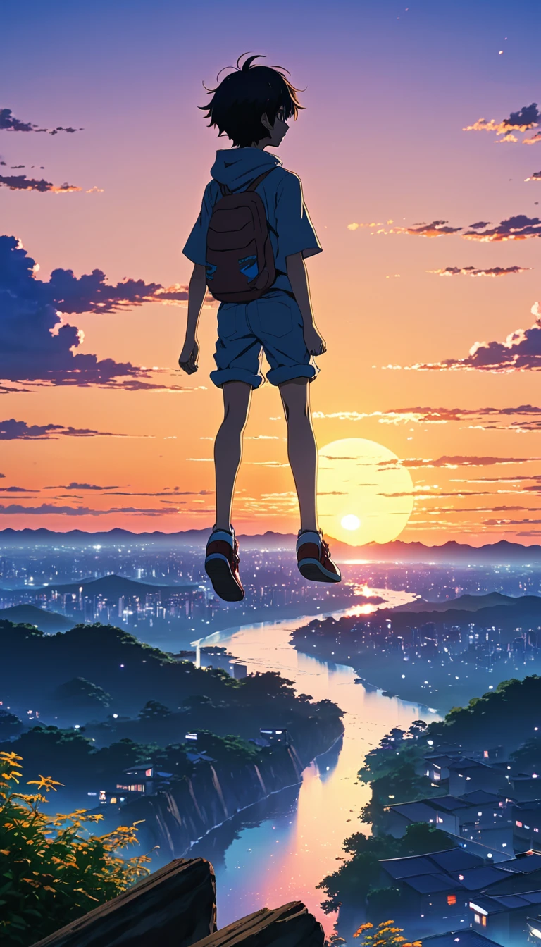 For anime scenery images、It depicts a boy jumping into the void., At sunset, View from afar, Beautiful and colorful anime scene, View from afar, Beautiful anime peace scenes, Makoto Shinkai Cyril Rolland, Beautiful scene from anime, Awesome Wallpapers, Anime Art Wallpapers 8K, Anime Background, Anime Art Background, anime wallpaper 4k, Anime Art 4K Wallpaper, Anime Art 4K Wallpaper,