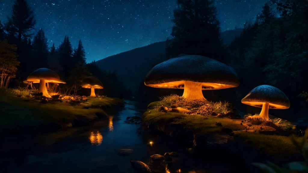 fairy valley little mushroom houses lit up with orange lights mushrooms fireflies and glowing fairies valley lit up with old lamps lots of magic