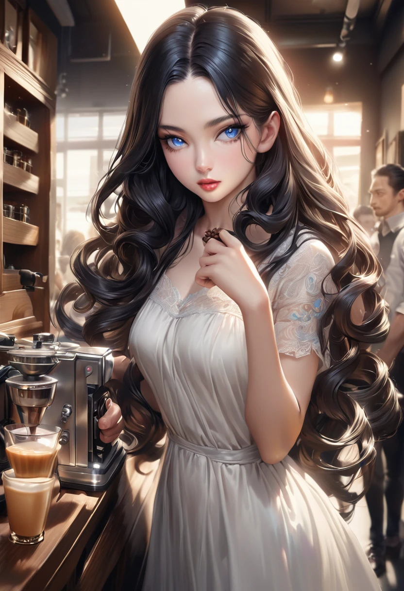 Beautiful consideration,Beautiful lip detail,Very detailed目と顔,Long eyelashes,Realistic,photoRealistic:1.37,Very detailed,Professional,Vibrant colors,Studio Lighting,Sharp focus,Physically Based Rendering,High resolution,超High resolution、One girl with blue eyes, Long Hair,Curly Hair、Black Hair,Lower eyelids,White dress,Professionalフィール,The background is inside a coffee shop.、Coffee beans lined up on a cupboard in the background、Place the cake near the audience、Holding a cup of coffee in one hand、Keep a retro camera close at hand、
