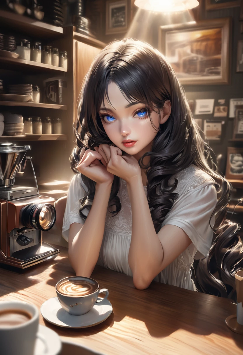 Beautiful consideration,Beautiful lip detail,Very detailed目と顔,Long eyelashes,Realistic,photoRealistic:1.37,Very detailed,Professional,Vibrant colors,Studio Lighting,Sharp focus,Physically Based Rendering,High resolution,超High resolution、One girl with blue eyes, Long Hair,Curly Hair、Black Hair,Lower eyelids,White dress,Professionalフィール,The background is inside a coffee shop.、Coffee beans lined up on a cupboard in the background、Place the cake near the audience、Holding a cup of coffee in one hand、Keep a retro camera close at hand、
