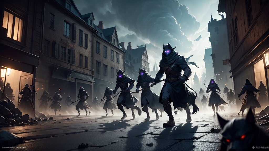As the Shadow Army advances on the medieval city, a wave of darkness sweeps across the landscape. The shadowy creatures move with eerie, silent coordination, their glowing eyes fixed on their prey. Shadow Titans smash through the city gates with effortless force, their roars echoing through the streets. Spectral warriors glide through walls and doors, their ghostly weapons cutting down anyone who dares to resist. Shadow hounds tear through the alleys, dragging fleeing villagers into the shadows. The city, once full of life, is plunged into chaos and fear as the unrelenting tide of darkness consumes everything in its path."