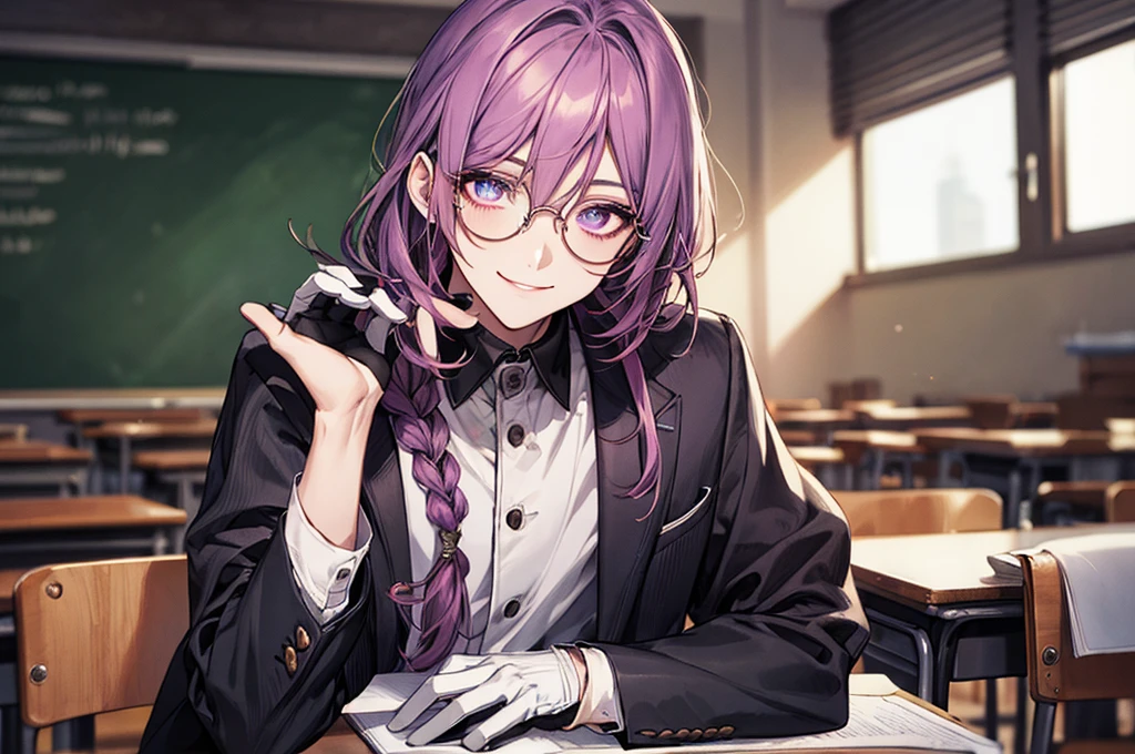 men's，single braid hair，violet colored hair，（Eye 1：2，Clear eyes，Elaborate Eyes，Delicate pupils，Good eyes，eye detailed），Face Focus，Adult，In black suit，best qualtiy，facial detailing，‎Classroom，sit on desk，sitting in the couch，lazy，Detailed background，diffuse sunlight，depth of fields，Studying　Smiling at your desk, violet eyes,black gloves, round glasses, long sleeves,violet hair, smile,