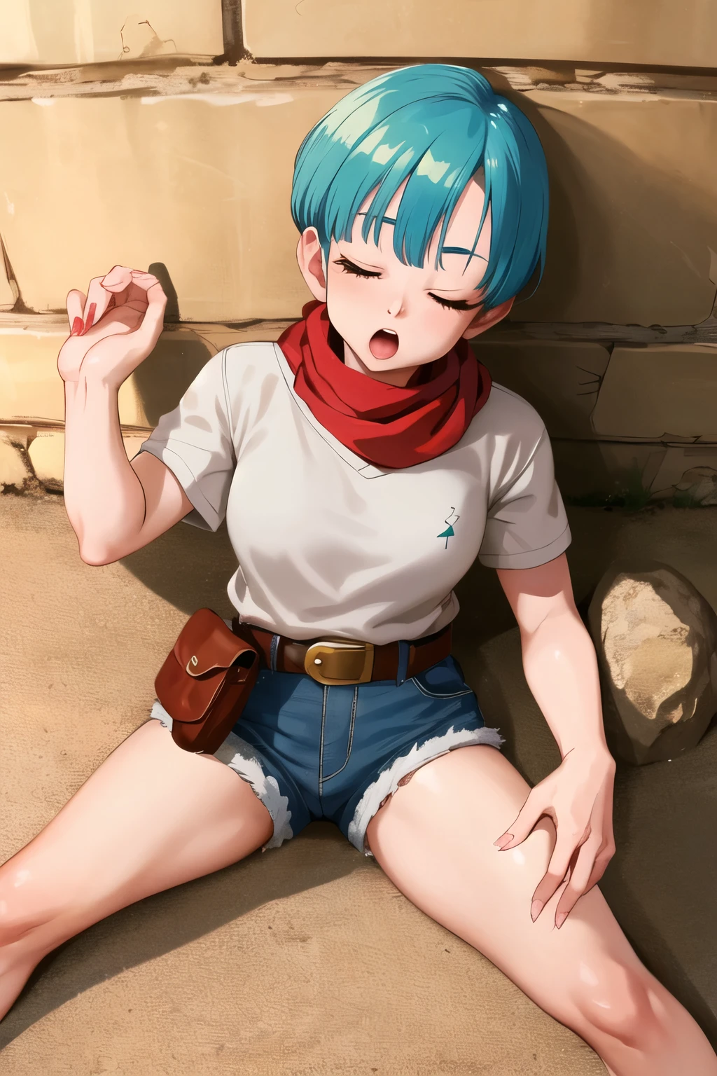 masterpiece, best quality, highres, dragon ball, blmpony, aqua hair, bowlcut, white sweater, belt, scarf, denim shorts, clothes writing, large white wristbands, small breasts, indoors, cowboy shot, cherry red lips, eye lashes, red fingernails and toenails, knocked out unconscious, laying on ground, body resting on the wall, head facing downwards, mouth wide open, eyes closed,