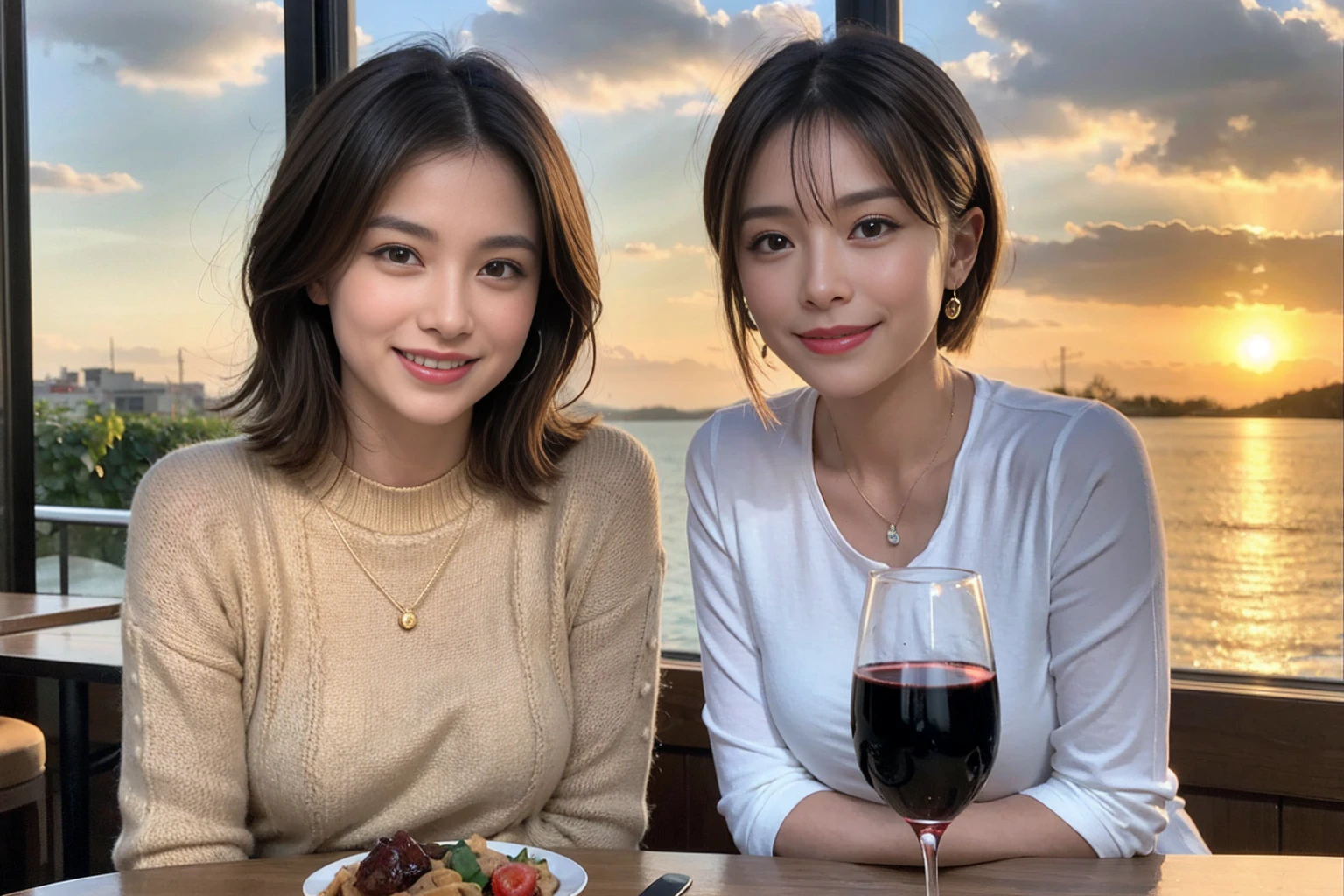(Realistic:1.1),(masterpiece,Highest quality),8k,(49 years old), 47 years old, slimカップル、Model Couple、actress/actor、Tight waist,Upper Body,full-course dinner、wine 、Amazing view of the sunset sky and clouds、Perfect Anatomy, Brown Hair, short hair,Random Hairstyles,((Highly detailed face and eyes:1.2)),Perfect golden ratio face,Long sleeve shirt、dress,(smile:1.hortcuts、cute、(Realistic, Intricate details:1.2), A bright smile、short hair,Bright Face、赤wine 、Appetizers、Italian food、wine bottle、Champagne、スパークリングwine、(slimな顔), (The body is slim), (Brown Hair), (Shortcuts), Upper Body, 白wine, slim, wineグラス,