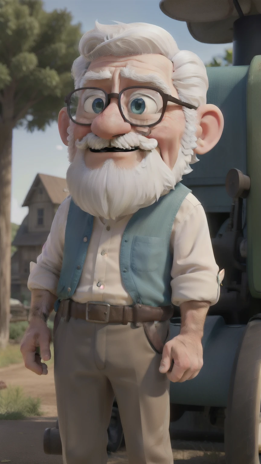 work of art, best qualityer, an old man with a mustache, White hair, blusa verde, blue colored eyes, near a tractor 