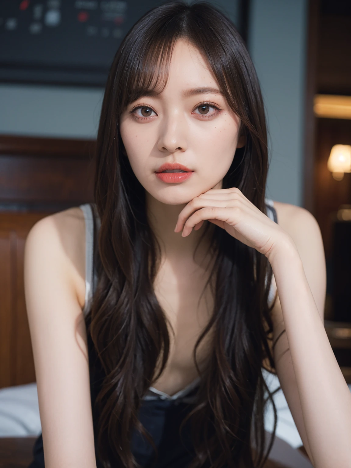 One girl, woman, masterpiece, Highest quality, Highest quality, Cinema Lighting, (Volumetric lighting), Very detailed CG unity 8k wallpaper, Concentrated, 8k wallpaper, Very detailed, Ultra-realistic, Realistic, Sharp focus, Absurd, (High resolution:1.2), (High Contrast), photograph, Detailed and complex, Instagram, Portraiture, Very detailed, Digital Painting, Art Station, Concept Art, Smooth, Sharp focus, figure, Cinema Lighting, Medium Shoulder, Micro strap is good, Strap panties, View your viewers, (Hipshot), Medium Shot, (Long Hair), (Light brown hair)
