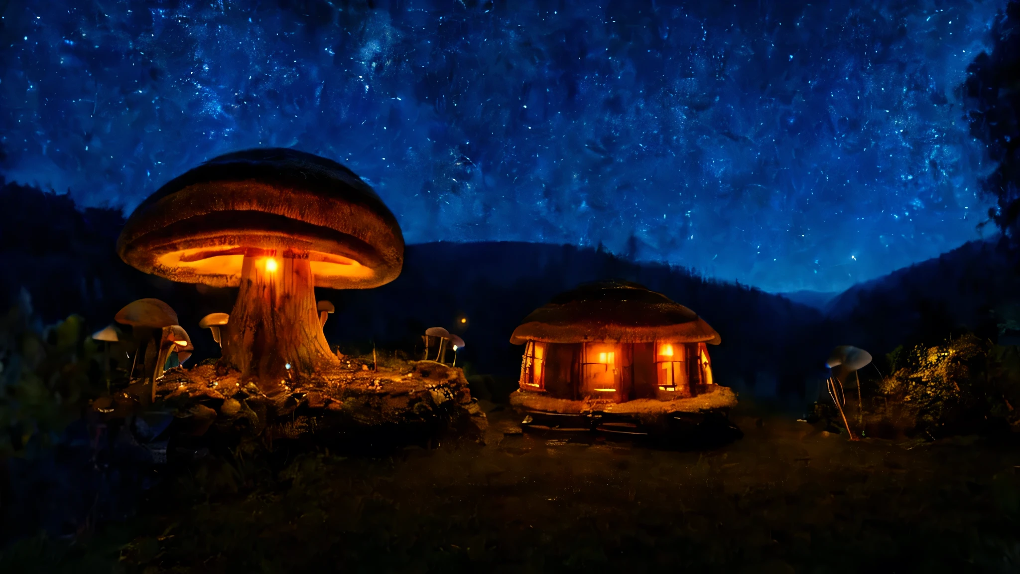 fairy valley little mushroom houses lit up with orange lights mushrooms fireflies and glowing fairies valley lit up with old lamps lots of magic