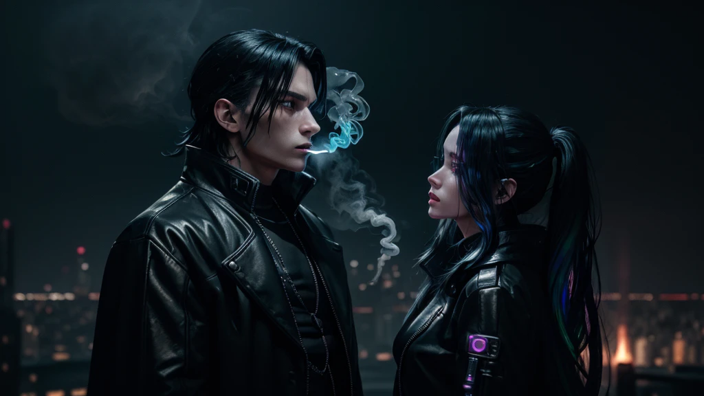 long shot, cyberpunk man in black clothes and long coat, lady in white in a tower, demons in the city, high detail, wide shot, 4K, 3D, REALISTIC, (iridescent glow smoke), UHD, 32K, very bold neon colors, black light, neon light