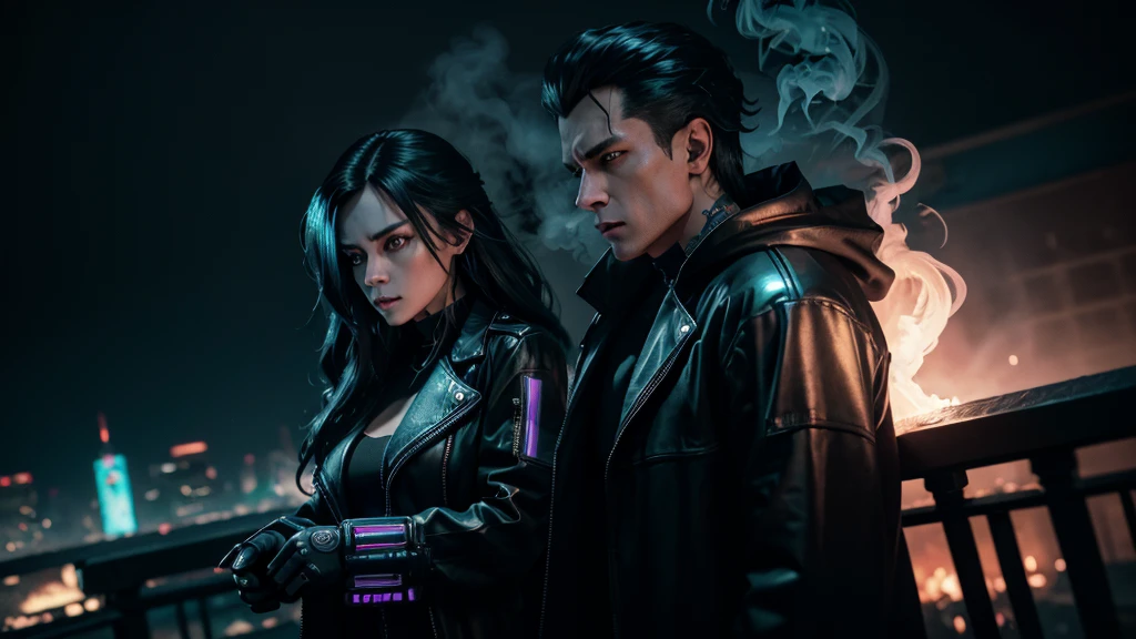 long shot, cyberpunk man in black clothes and long coat, lady in white in a tower, demons in the city, high detail, wide shot, 4K, 3D, REALISTIC, (iridescent glow smoke), UHD, 32K, very bold neon colors, black light, neon light