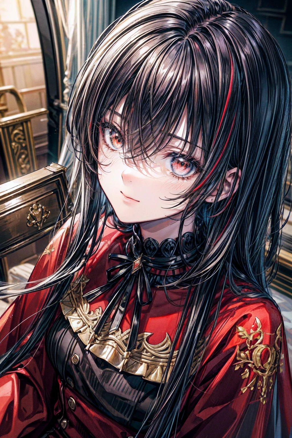 Character Description: A young woman with dark hair and a Red streak, wearing a formal outfit that includes a short skirt. She has a sly smile and is holding a chess piece in one hand.
Pose: She is sitting in a luxurious, ornate chair, with one leg crossed over the other.
Background Setting: The background features a luxurious, dark, and sophisticated atmosphere.
Lighting: Dramatic lighting with high contrast to emphasize her features and create an engaging atmosphere.
Textures: Emphasize the textures in the clothing, the chair's fabric, and the chess piece to enhance realism.
Depth of Field: Shallow depth of field to focus on the character and slightly blur the background, enhancing the luxurious feel.
Color Grading: Warm, rich color grading to enhance the luxurious and sophisticated ambiance.
Sharpness and Clarity: High sharpness and clarity for crisp, clear details, especially on the character's face, hair, and clothing.
Detailing: Fine details such as subtle patterns on the clothing, intricate designs on the chair, and reflections on the chess piece.
Resolution: High resolution, aiming for an 8K quality image to ensure maximum detail and clarity.