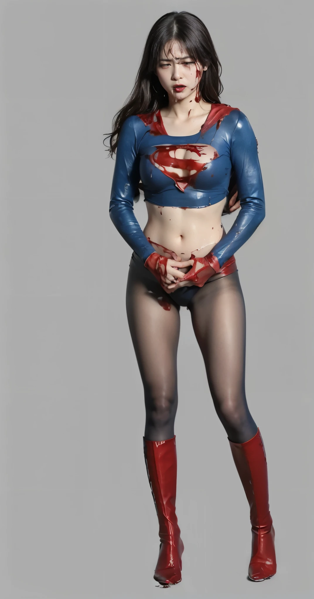 No background、(((Always spitting blood from the mouth)))、(((Always bleeding from the mouth)))、(((sweating)))、(((Sweaty)))、(((I'I'm always sweating)))、(((tolerates heat)))、(((Beautiful legs in black tights.)))、(((Legally expressing painful beauty)))、((((Make the most of your original images)))、(((体にぴったりフィットするSupergirl Costume)))、(((Supergirl Costume)))、(((short and beautiful hair)))、(((suffering)))、(((Please wear black tights....、Wear red boots)))、((Best image quality、8k))、((Highest quality、8k、masterpiece:1.3))、(((Preserve background )))、Sharp focus:1.2、Beautiful woman with perfect figure:1.4、Slim Abs:1.2、Wet body:1.5、Highly detailed face and skin texture、8k