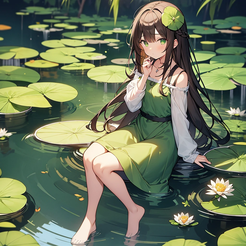 Girl with long brown hair and green eyes wearing dress sitting in a pond with lilypads looking at viewer, Hair Flower, no shoes, anime