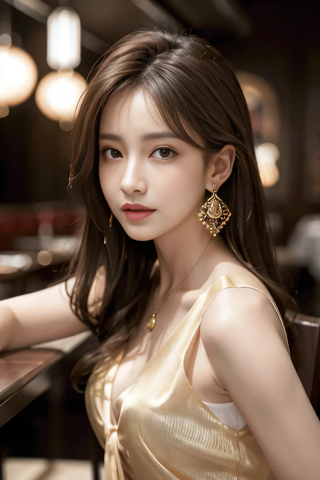 masterpiece, Highest quality, Realistic, Very detailed, Finer details, High resolution, 8k wallpaper, One beautiful woman, Wear a pretty colored silk shirt, In a great restaurant, At night, Light brown messy hair, Perfect dynamic composition, Beautiful and beautiful eyes、Big earrings、chest、Sleeveless shirt、