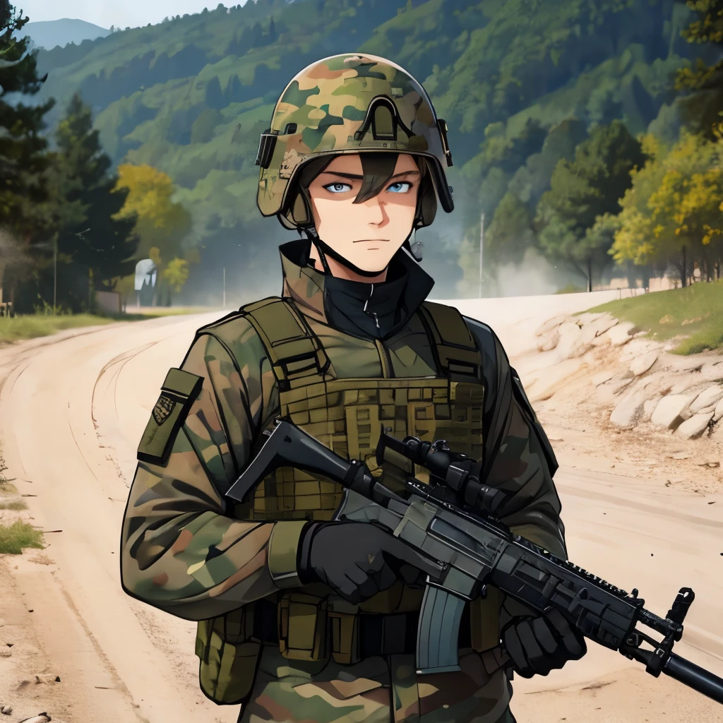 German man with short curly blonde hair and light blue eyes wearing heavy flecktarn camouflage tactical gear and a helmet and holding an mg42