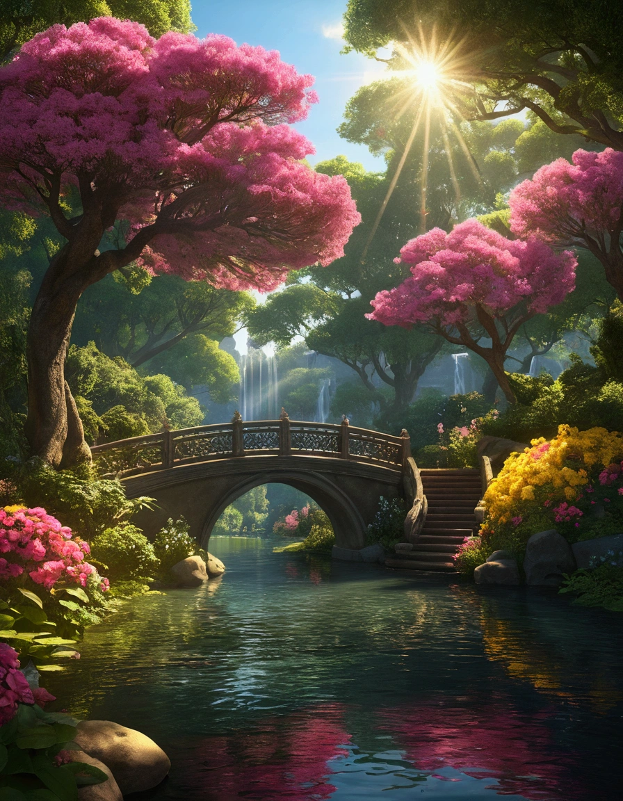 A towering, Lush trees decorated with vibrant pink and yellow flowers，Add sparkle to tranquil landscapes. breeze blows，The leaves tremble slightly, Creates a ripple effect on a nearby tranquil lake. Sunlight filtering through the green canopy, Injecting otherworldly charm into the landscape. (masterpiece: 1.8, best quality) (Extremely detailed CG unified 8K wallpaper, landscape art, ethereal, filigree, intricate details) (A dramatic play of sunlight and shadow) (Popular topics on ArtStation, CG society) (beautiful floral aesthetics,