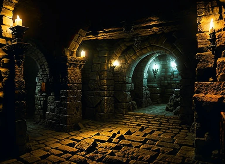 tyle of evilcore ::.5 style grimdark::.5 style dark fantasy::.5 inside dungeon monster´s lair, stone walls with wood door, torchs in te walls, HeroQuest, D&D, warhammer orcs 