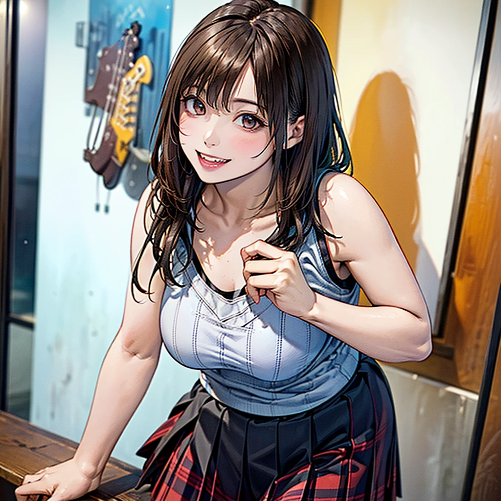(Highest quality、8k、32K、masterpiece)、(Realistic)、(Realistic:1.2)、(High resolution)、Very detailed、Very beautiful face and eyes、(((Women's Solo Shot)))、Tight waist、(Highest quality、Attention to detail、Rich skin detail)、(Highest quality、8k、Oil paints:1.2)、(Realistic、Realistic:1.37)、Bright colors、(((Cowboy Shot)))、(((Bob Hair)))、(((Medium Hair)))、(((He has a happy face.)))、((smile))、(((Brown Hair)))、((Collared short-sleeved shirt, plaid tank top, Red and white tank top、Red and white checked tank top、Black pleated skirt, mini skirt), )、(((Large crowd)))、(((Band performance)))、(((Inside the live house)))、(((Teeth are visible)))、(((She is a guitarist)))、((Waiting for the guitar))、(((Playing guitar)))