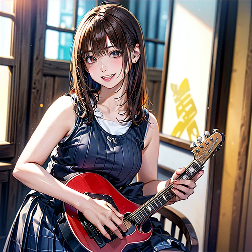 (Highest quality、8k、32K、masterpiece)、(Realistic)、(Realistic:1.2)、(High resolution)、Very detailed、Very beautiful face and eyes、(((Women's Solo Shot)))、Tight waist、(Highest quality、Attention to detail、Rich skin detail)、(Highest quality、8k、Oil paints:1.2)、(Realistic、Realistic:1.37)、Bright colors、(((Cowboy Shot)))、(((Bob Hair)))、(((Medium Hair)))、(((He has a happy face.)))、((smile))、(((Brown Hair)))、((Collared short-sleeved shirt, plaid tank top, Red and white tank top、Red and white checked tank top、Black pleated skirt, mini skirt), )、(((Large crowd)))、(((Band performance)))、(((Inside the live house)))、(((Teeth are visible)))、(((She is a guitarist)))、((Waiting for the guitar))、(((Playing guitar)))