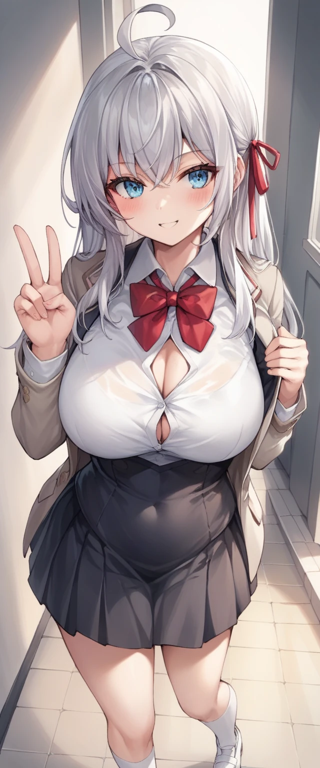 score_9, score_8_superior, score_7_superior, score_6_superior, score_5_superior, score_4_superior, Break Source_anime, Alisa Mikhailovna Kujo, blue eyes, Silver Hair, Long Hair, Red hair ribbon, White shirt, Ahoge, White shoes, Black vest, School black dress, White knee socks, Short beige blazer, Red bow tie, Are standing,Big Breasts,One-handed peace sign