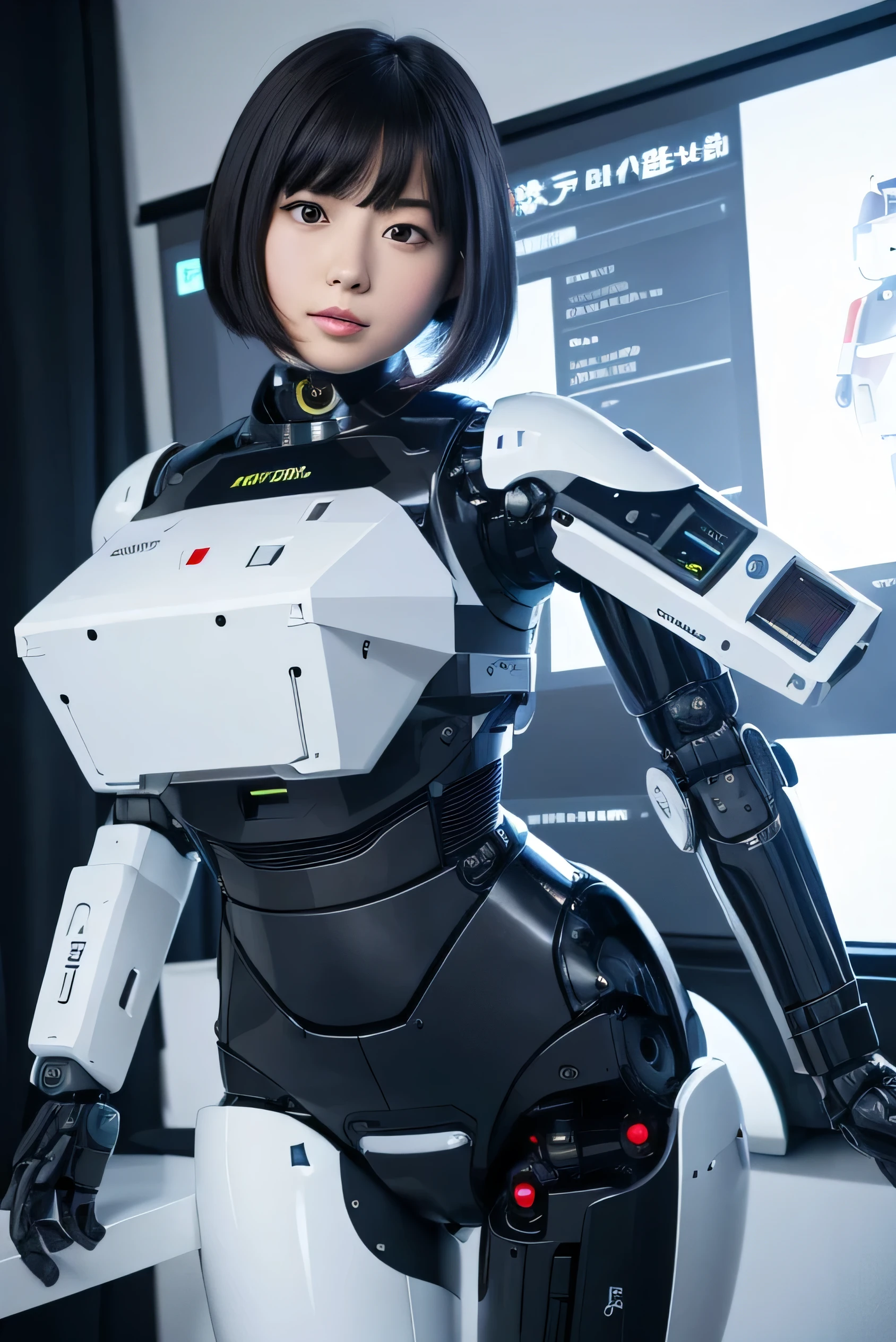 masterpiece, best quality, extremely detailed, Japaese android girl,portrait,Plump,a bit chubby,control panels,android,Droid,Mechanical Hand, Robot arms and legs, Black hair,Blunt bangs,perfect robot girl,long tube,thick cable connected her neck,android,robot,humanoid,cyborg,japanese cyborg girl ,robot-assembly plant,She is assembling now,assembly scene,camera eyes,chest monitor